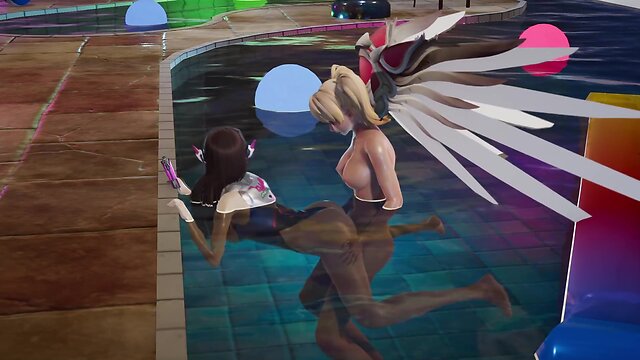 Dva gets ravished by futa mercy at pool party with oily body soaked by pool water