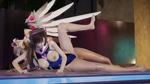Dva gets ravished by futa mercy at pool party with oily body soaked by pool water