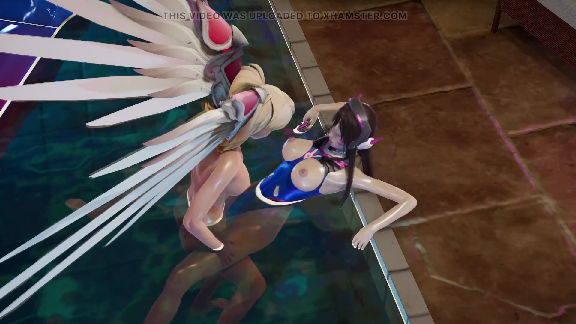 Dva gets ravished by futa mercy at pool party with oily body soaked by pool water