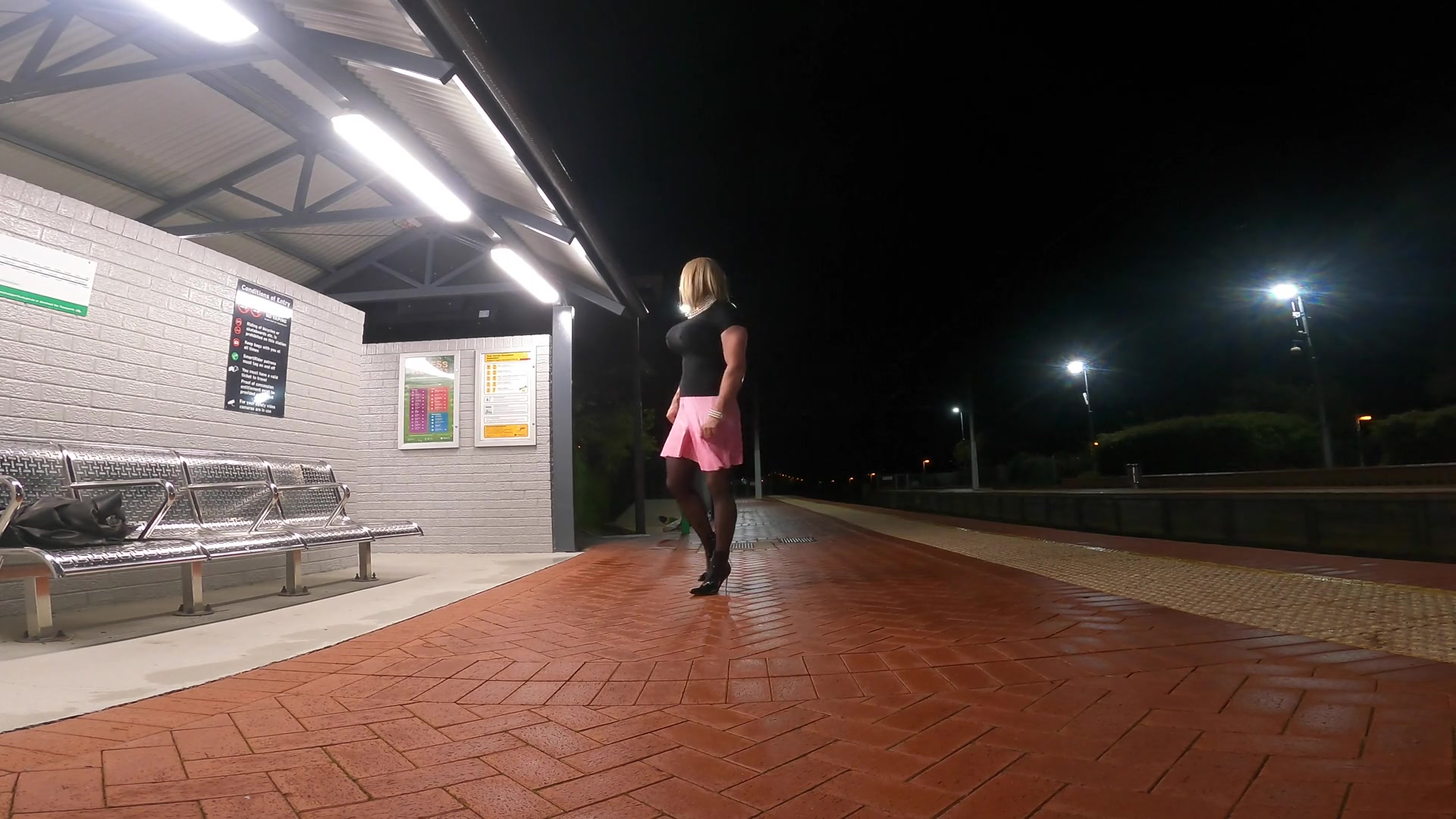 Publicly exposed sissy muscle slut at train station