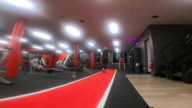 Muscled sissy gym workout with public exposure and cumshot