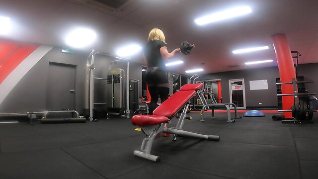 Muscled sissy gym workout with public exposure and cumshot