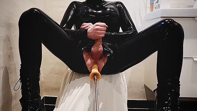 Latex bodysuit solo with fucking machine and cumming