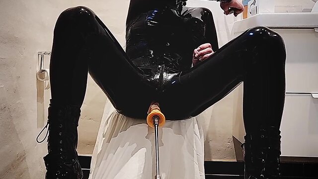 Latex bodysuit solo with fucking machine and cumming