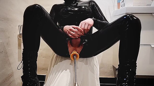 Latex bodysuit solo with fucking machine and cumming