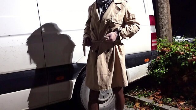 Outdoor nylon mask and monster dildo play with cum encasement