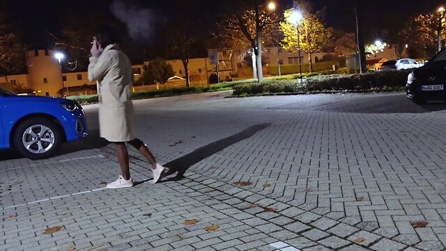 Outdoor nylon mask and monster dildo play with cum encasement