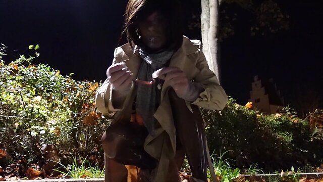 Outdoor nylon mask and monster dildo play with cum encasement