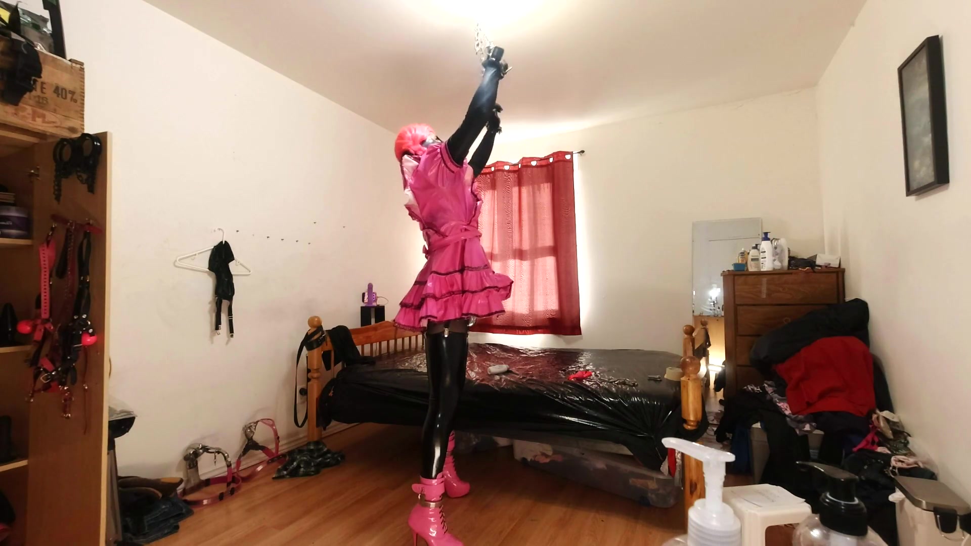Self-bondage with rigid bars by sissy maids