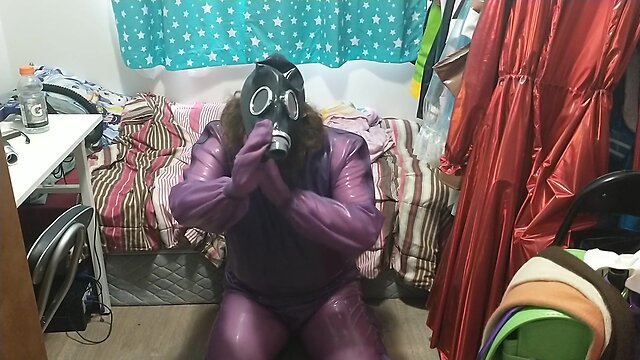 Latex jelly loose purple body suit over swimsuit gasmask breathplay vibrator play