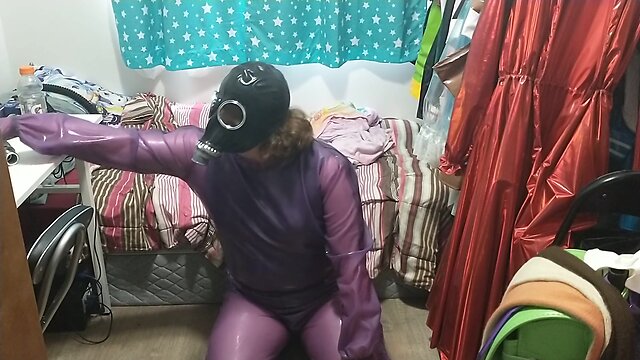 Latex jelly loose purple body suit over swimsuit gasmask breathplay vibrator play