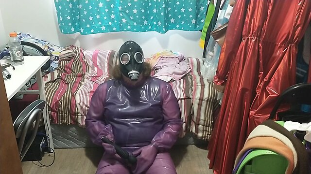 Latex jelly loose purple body suit over swimsuit gasmask breathplay vibrator play