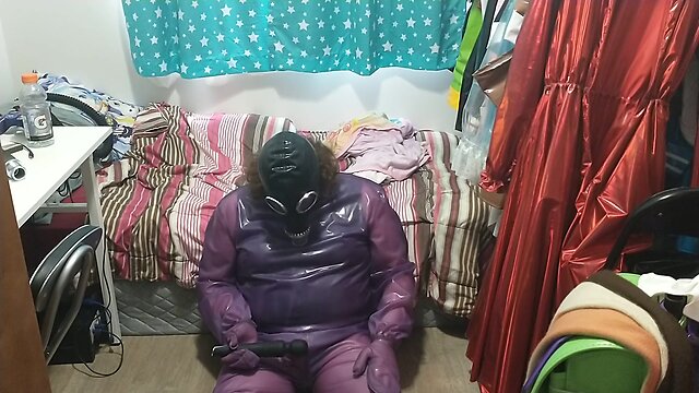 Latex jelly loose purple body suit over swimsuit gasmask breathplay vibrator play