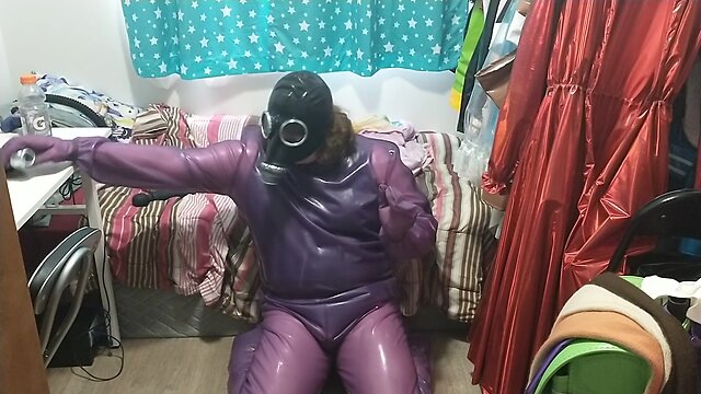 Latex jelly loose purple body suit over swimsuit gasmask breathplay vibrator play