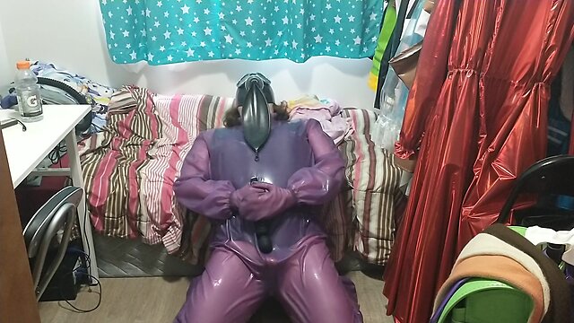 Latex jelly loose purple body suit over swimsuit gasmask breathplay vibrator play
