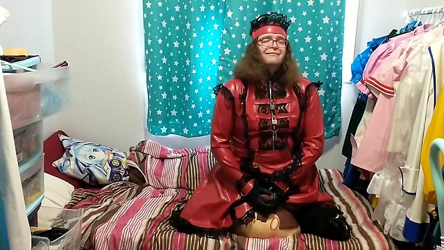 Latex maid cosplay sissy plushie hump vibrator bondage