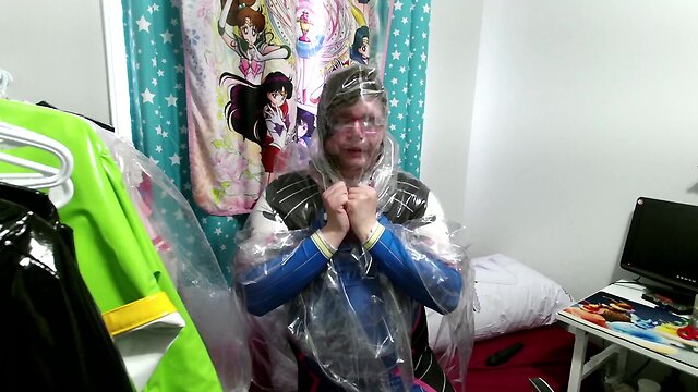 Dva zentai plastic raincoat breathplay inflatable pillow hump and vibrator