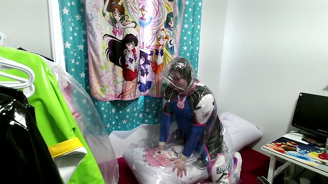 Dva zentai plastic raincoat breathplay inflatable pillow hump and vibrator