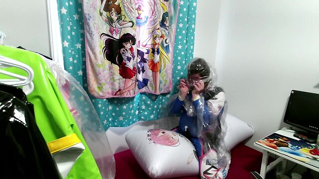 Dva zentai plastic raincoat breathplay inflatable pillow hump and vibrator