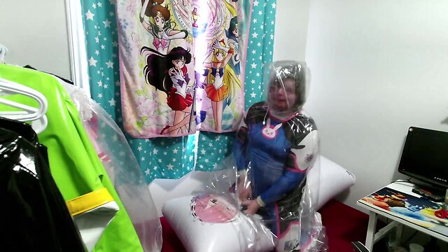 Dva zentai plastic raincoat breathplay inflatable pillow hump and vibrator