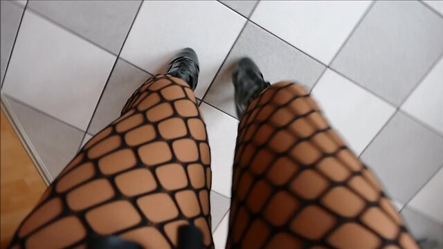 Monique in patent ballet heels and fishnet tights