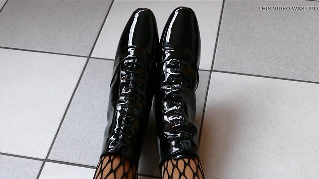 Monique in patent ballet heels and fishnet tights