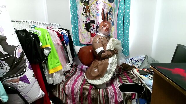 Pvc inflatable tail brown fox sissy maid clear hood breathplay vibrator