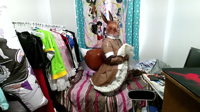 Pvc inflatable tail brown fox sissy maid clear hood breathplay vibrator