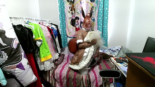 Pvc inflatable tail brown fox sissy maid clear hood breathplay vibrator