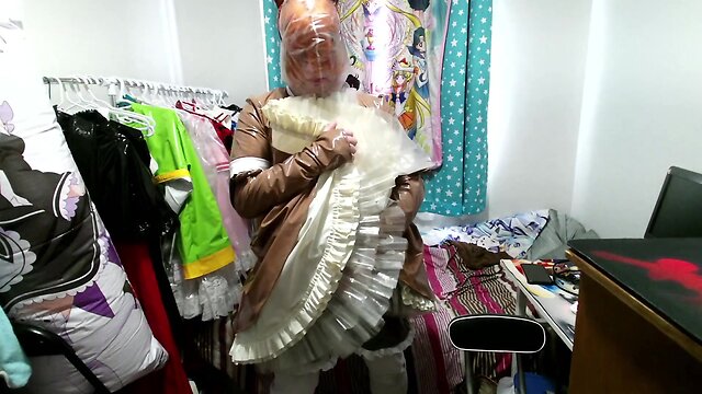 Pvc inflatable tail brown fox sissy maid clear hood breathplay vibrator