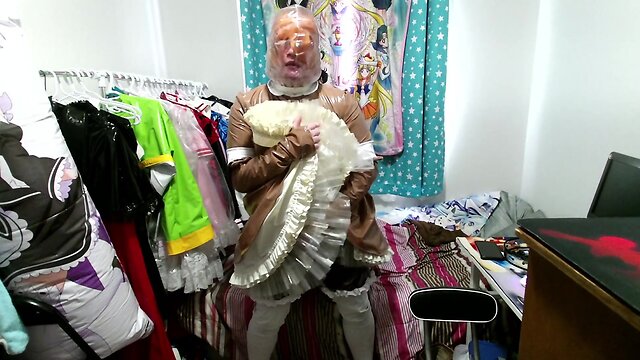 Pvc inflatable tail brown fox sissy maid clear hood breathplay vibrator