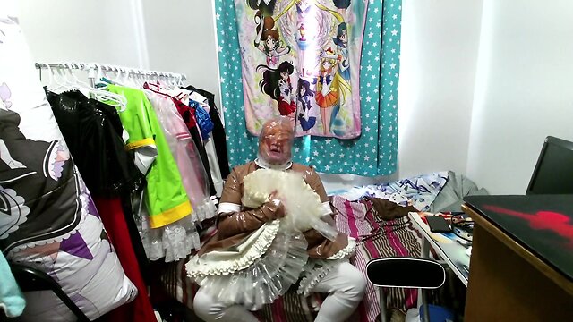 Pvc inflatable tail brown fox sissy maid clear hood breathplay vibrator