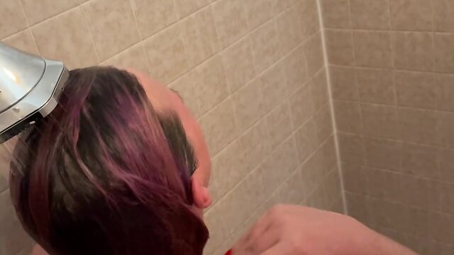 Trans person showering for onlyfans cam