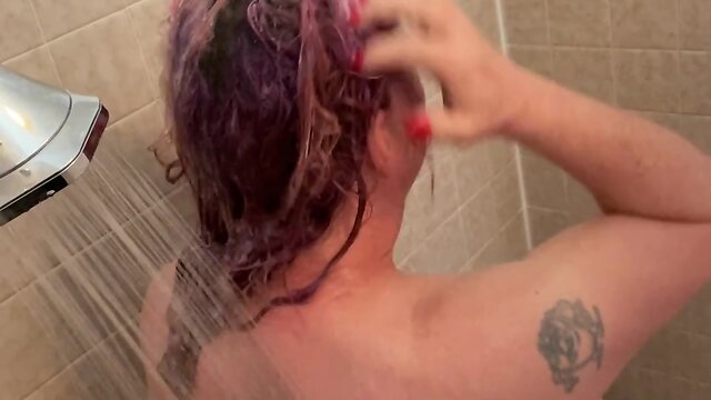 Trans person showering for onlyfans cam
