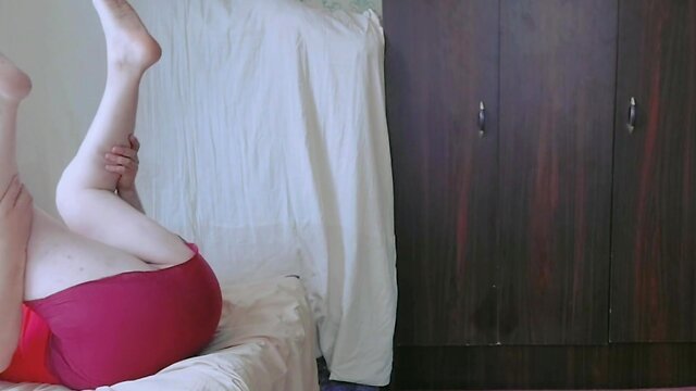 Sultry shemale shaking big butt biking in mini red skirt while sleeping hot trap in private room