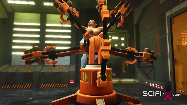 Robot shemale fucks cuffed busty brunette in sci-fi lab