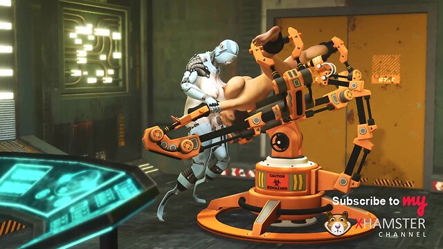 Robot shemale fucks cuffed busty brunette in sci-fi lab