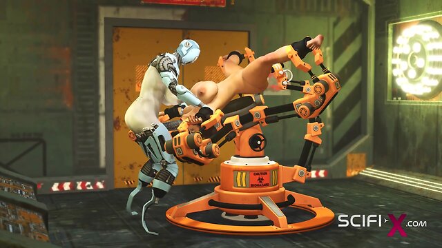 Robot shemale fucks cuffed busty brunette in sci-fi lab