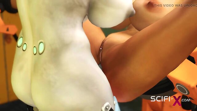 Robot shemale fucks cuffed busty brunette in sci-fi lab