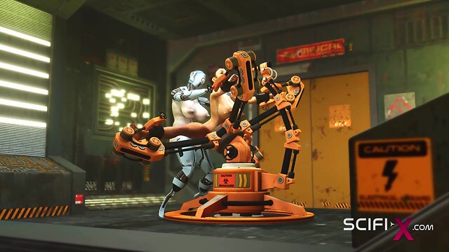 Robot shemale fucks cuffed busty brunette in sci-fi lab