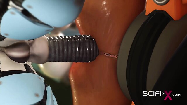 Robot shemale fucks cuffed busty brunette in sci-fi lab