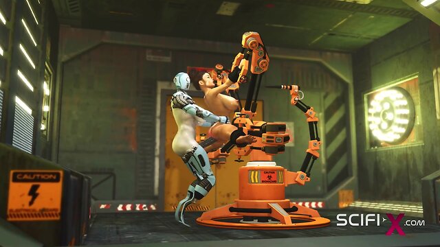Robot shemale fucks cuffed busty brunette in sci-fi lab