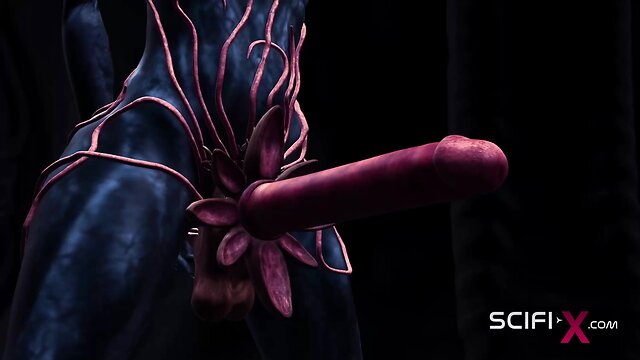 Steamy alien encounter in a dark cave with a blonde