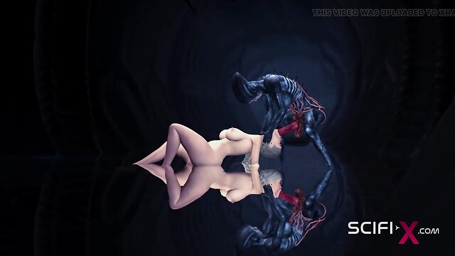 Steamy alien encounter in a dark cave with a blonde