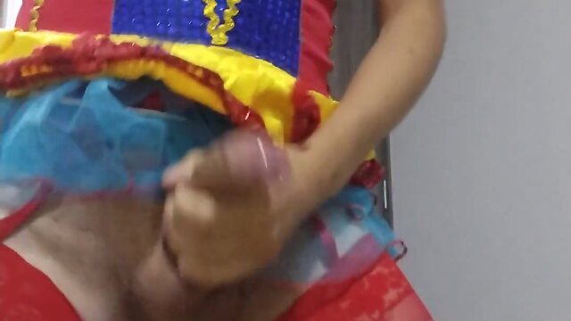 Amy crossdressing in red lingerie