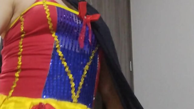 Amy crossdressing in red lingerie