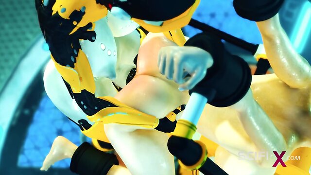 Cuffed and fucked: sci-fi bdsm with a sexy young hottie and shemale android in the lab