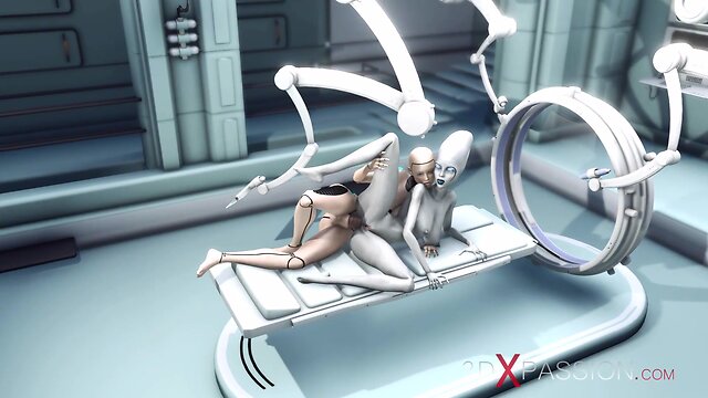 Robotic android engages in intense intergalactic encounter in space station surgery room