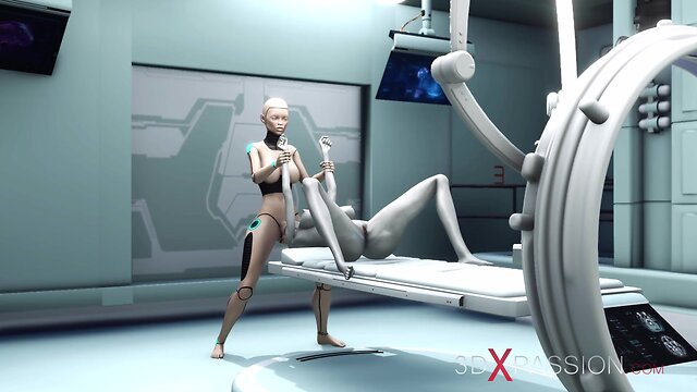 Robotic android engages in intense intergalactic encounter in space station surgery room