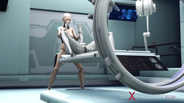 Robotic android engages in intense intergalactic encounter in space station surgery room
